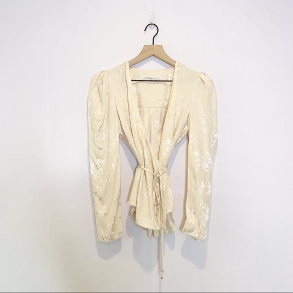 Veronica Beard Ivory Eden Wrap Tie Front Long Sleeve Puff Shoulder Blouse 4 - Picture 2 of 12
